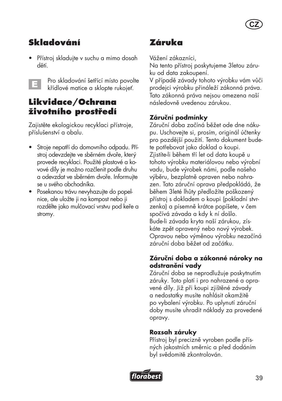 Skladování, Likvidace/ochrana životního prostředí, Záruka | Florabest FHM 38 A1 User Manual | Page 39 / 58