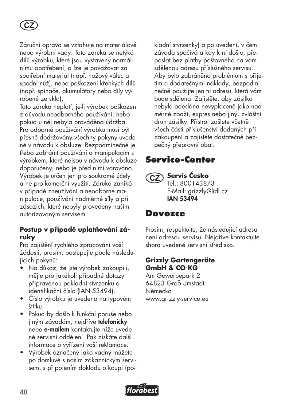 Service-center, Dovozce | Florabest FHM 38 A1 User Manual | Page 40 / 58
