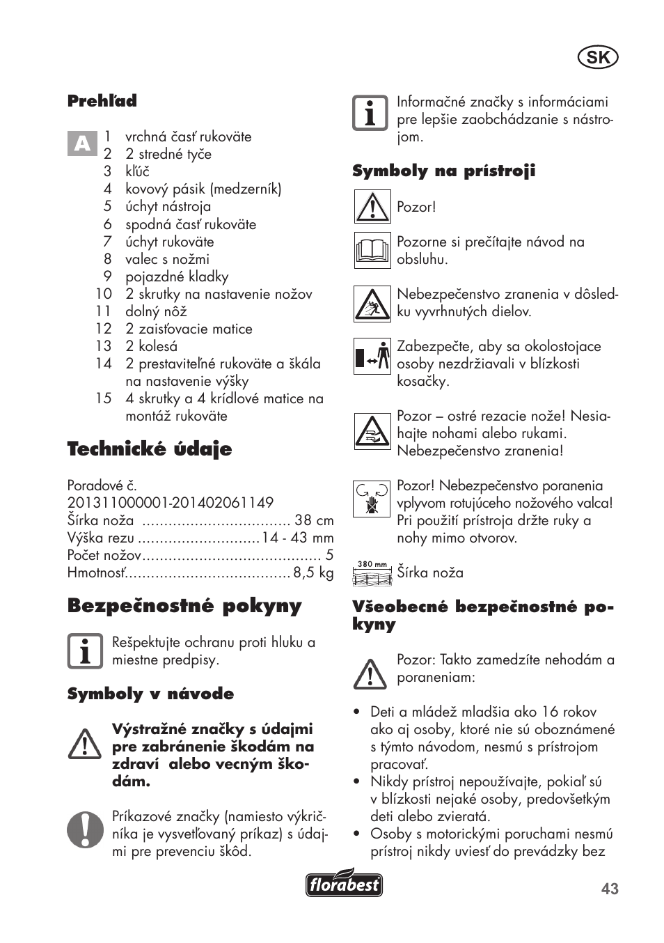 Technické údaje, Bezpečnostné pokyny | Florabest FHM 38 A1 User Manual | Page 43 / 58