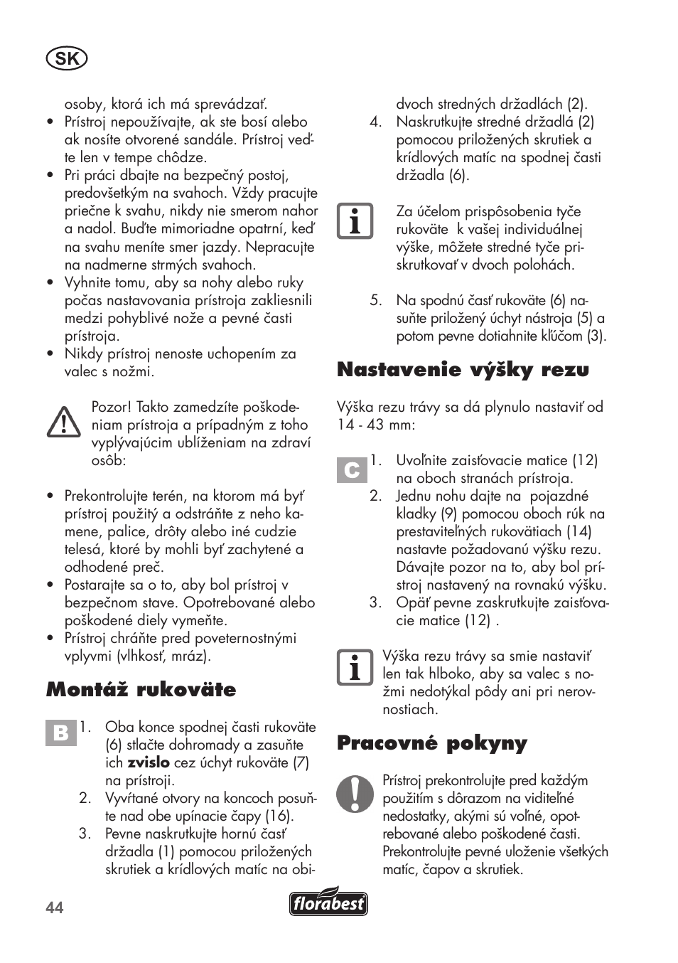 Montáž rukoväte, Nastavenie výšky rezu, Pracovné pokyny | Florabest FHM 38 A1 User Manual | Page 44 / 58