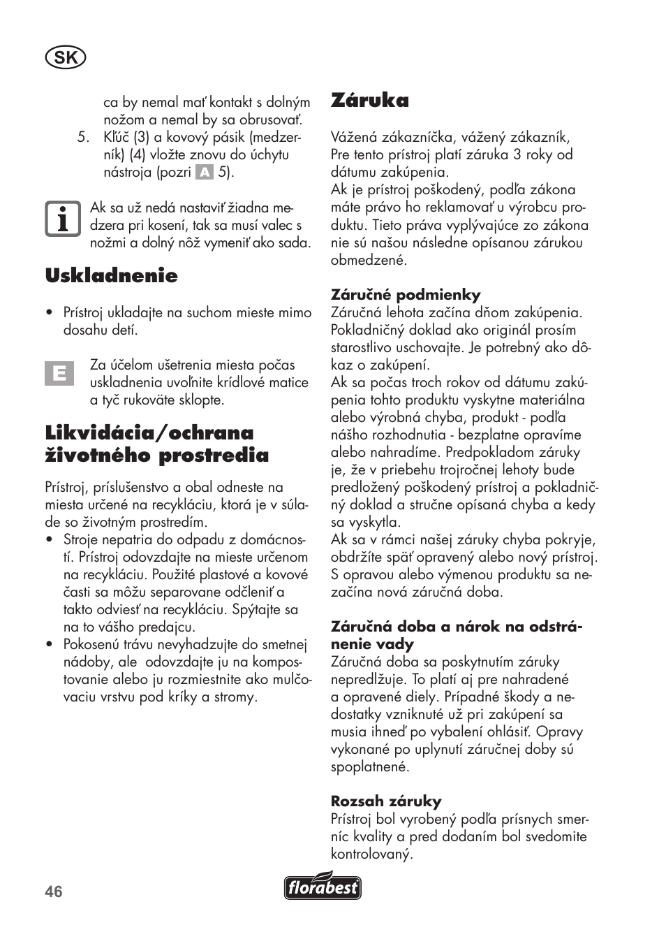 Uskladnenie, Likvidácia/ochrana životného prostredia, Záruka | Florabest FHM 38 A1 User Manual | Page 46 / 58
