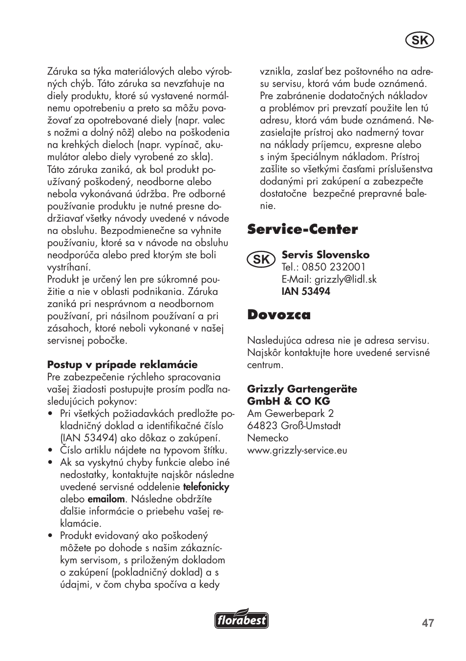 Service-center, Dovozca | Florabest FHM 38 A1 User Manual | Page 47 / 58