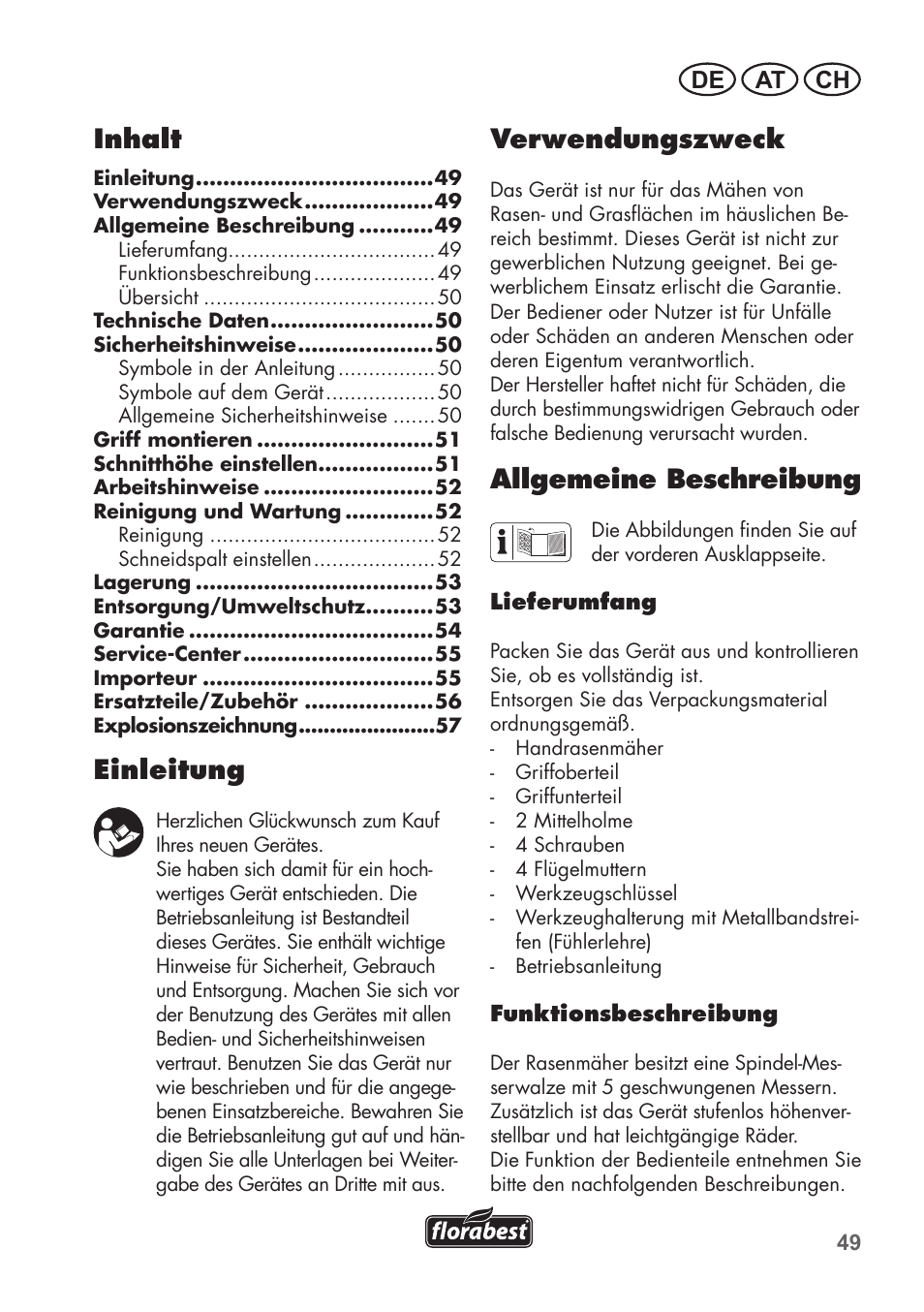 Inhalt, Einleitung, Verwendungszweck | Allgemeine beschreibung, De at ch | Florabest FHM 38 A1 User Manual | Page 49 / 58
