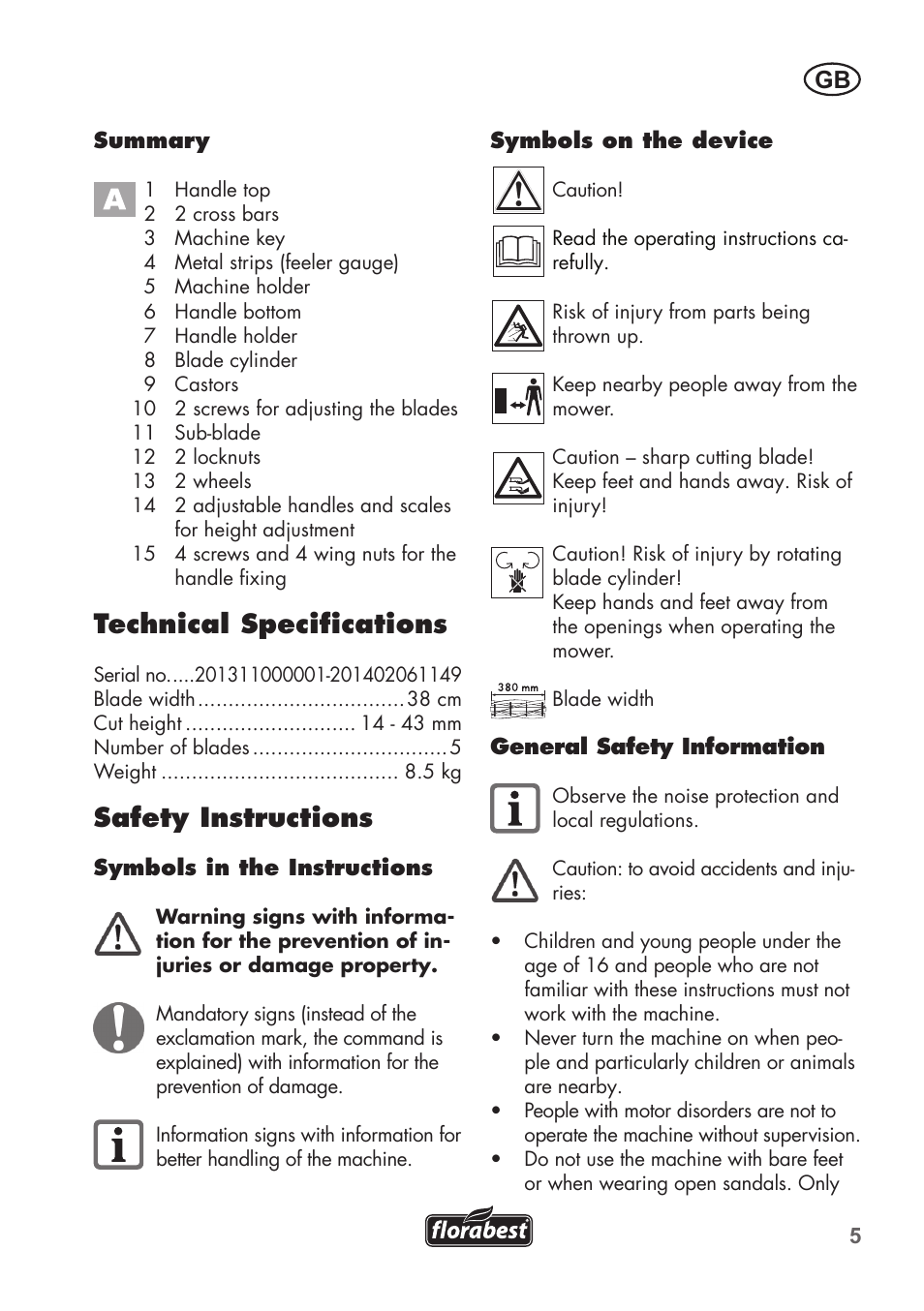 Technical specifications, Safety instructions | Florabest FHM 38 A1 User Manual | Page 5 / 58