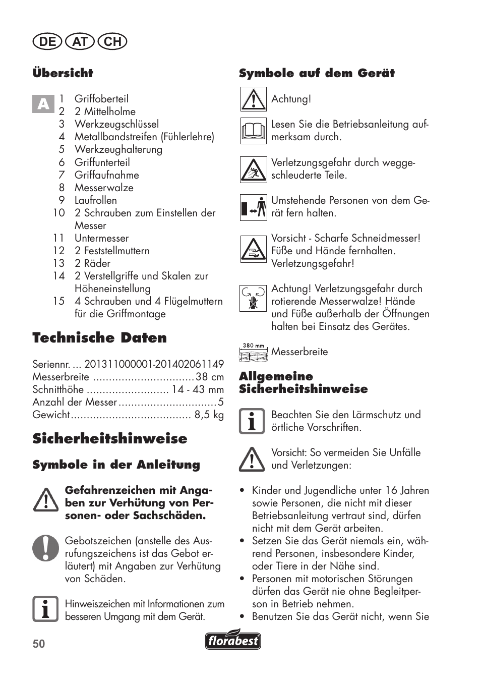 Technische daten, Sicherheitshinweise, De at ch | Florabest FHM 38 A1 User Manual | Page 50 / 58