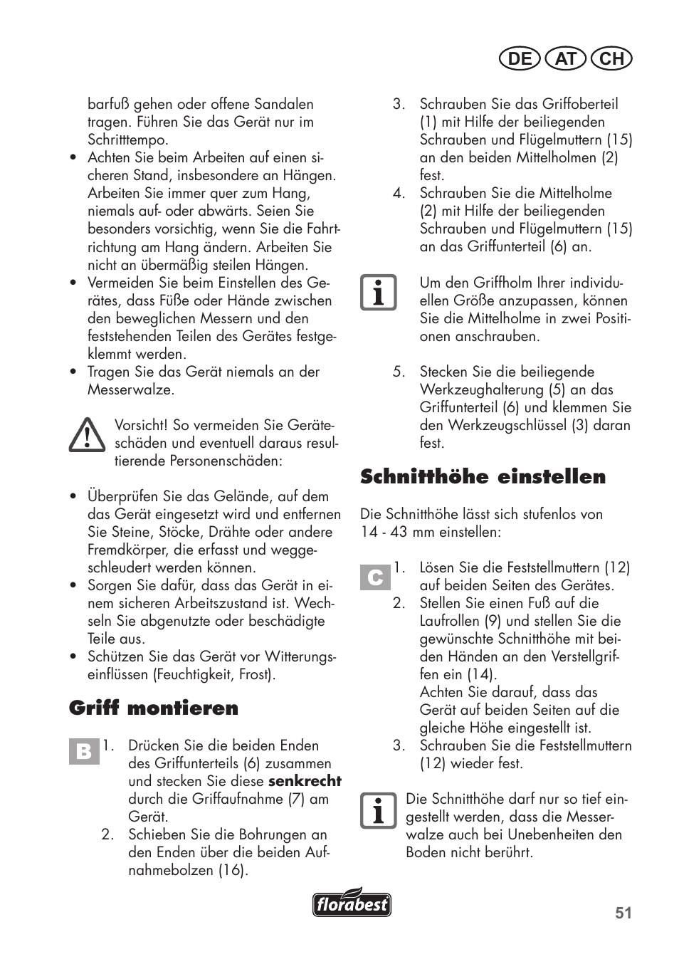 Griff montieren, Schnitthöhe einstellen, De at ch | Florabest FHM 38 A1 User Manual | Page 51 / 58