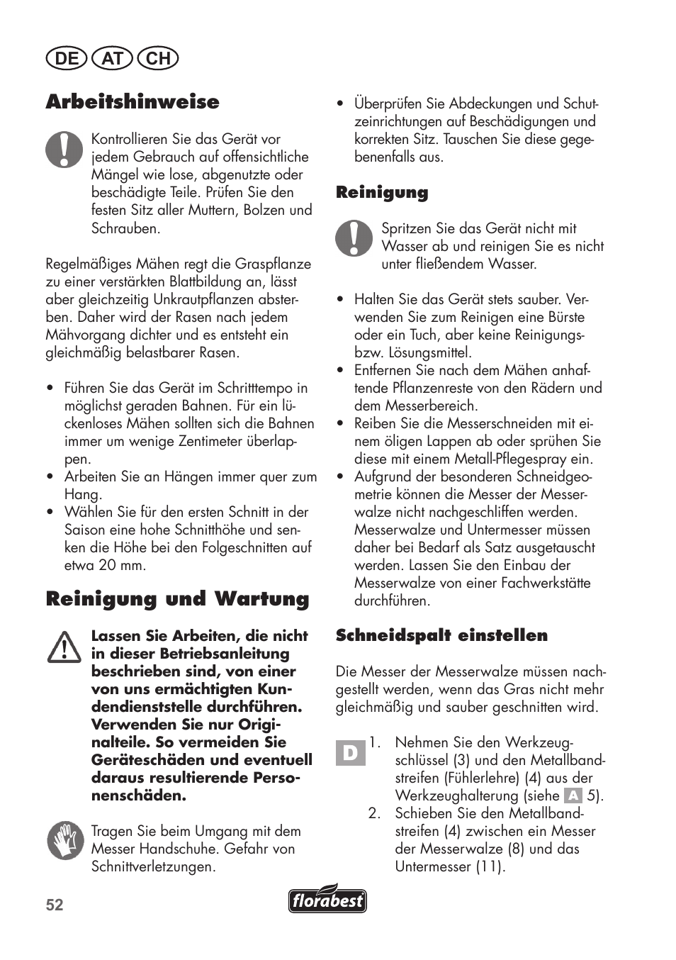 Arbeitshinweise, Reinigung und wartung, De at ch | Florabest FHM 38 A1 User Manual | Page 52 / 58