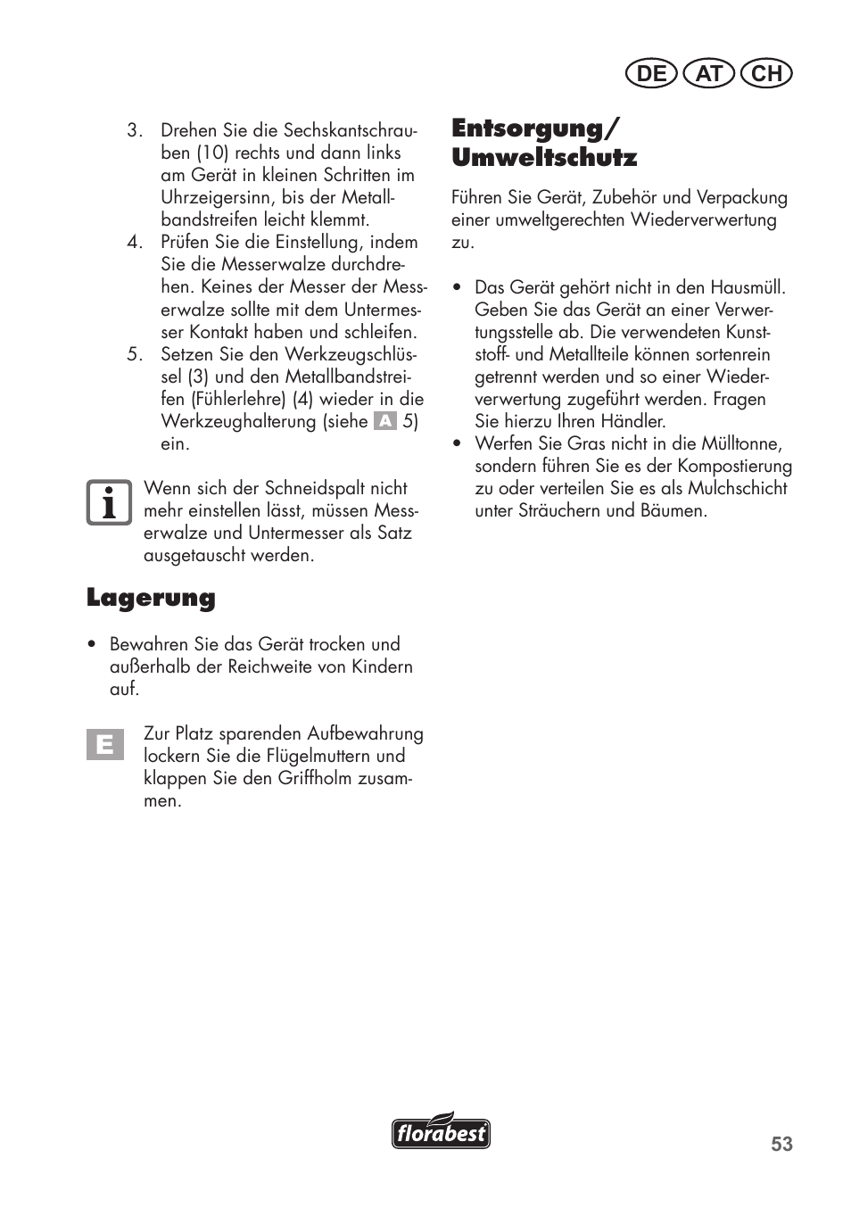 Lagerung, Entsorgung/ umweltschutz, De at ch | Florabest FHM 38 A1 User Manual | Page 53 / 58