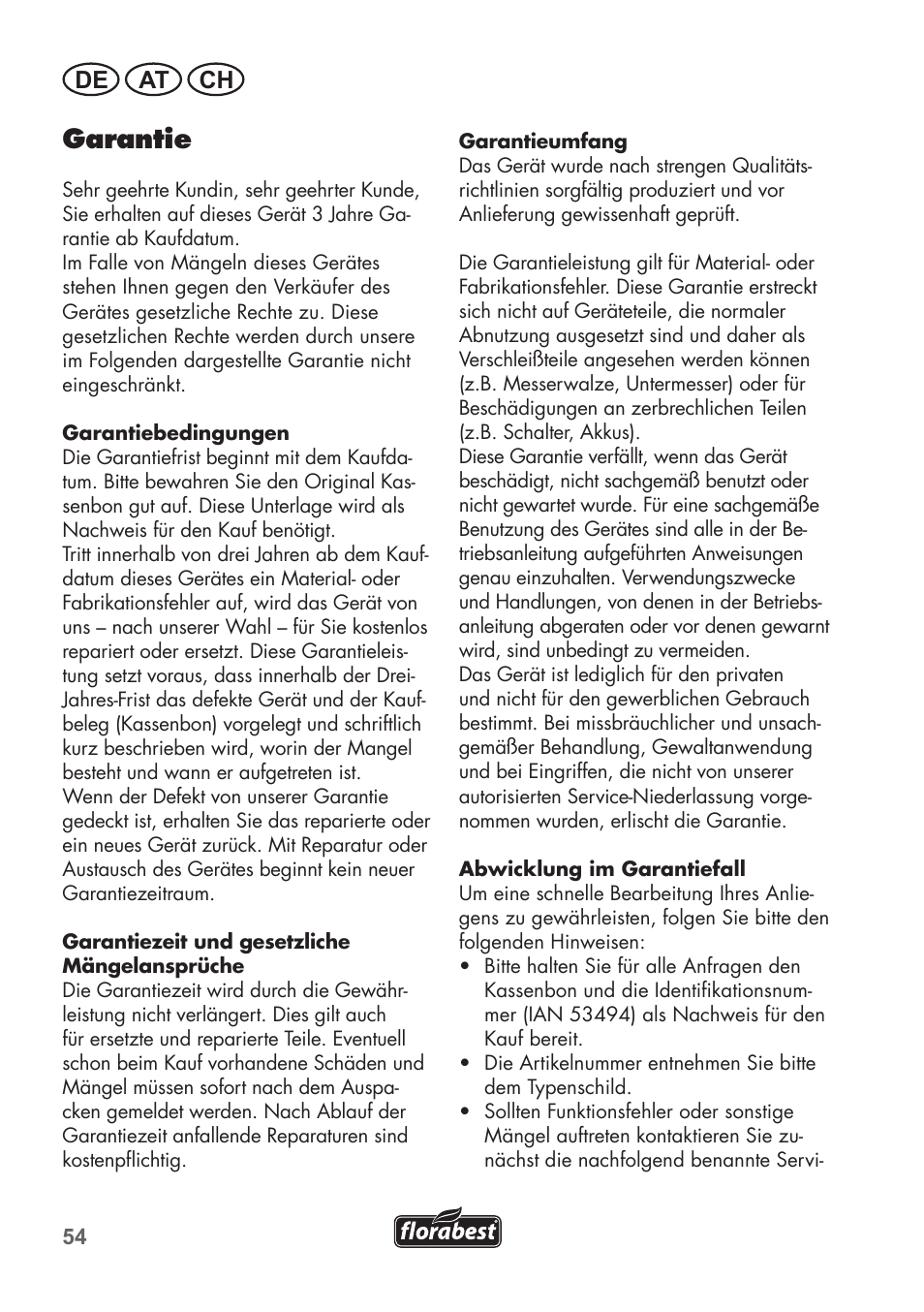 Garantie, De at ch | Florabest FHM 38 A1 User Manual | Page 54 / 58