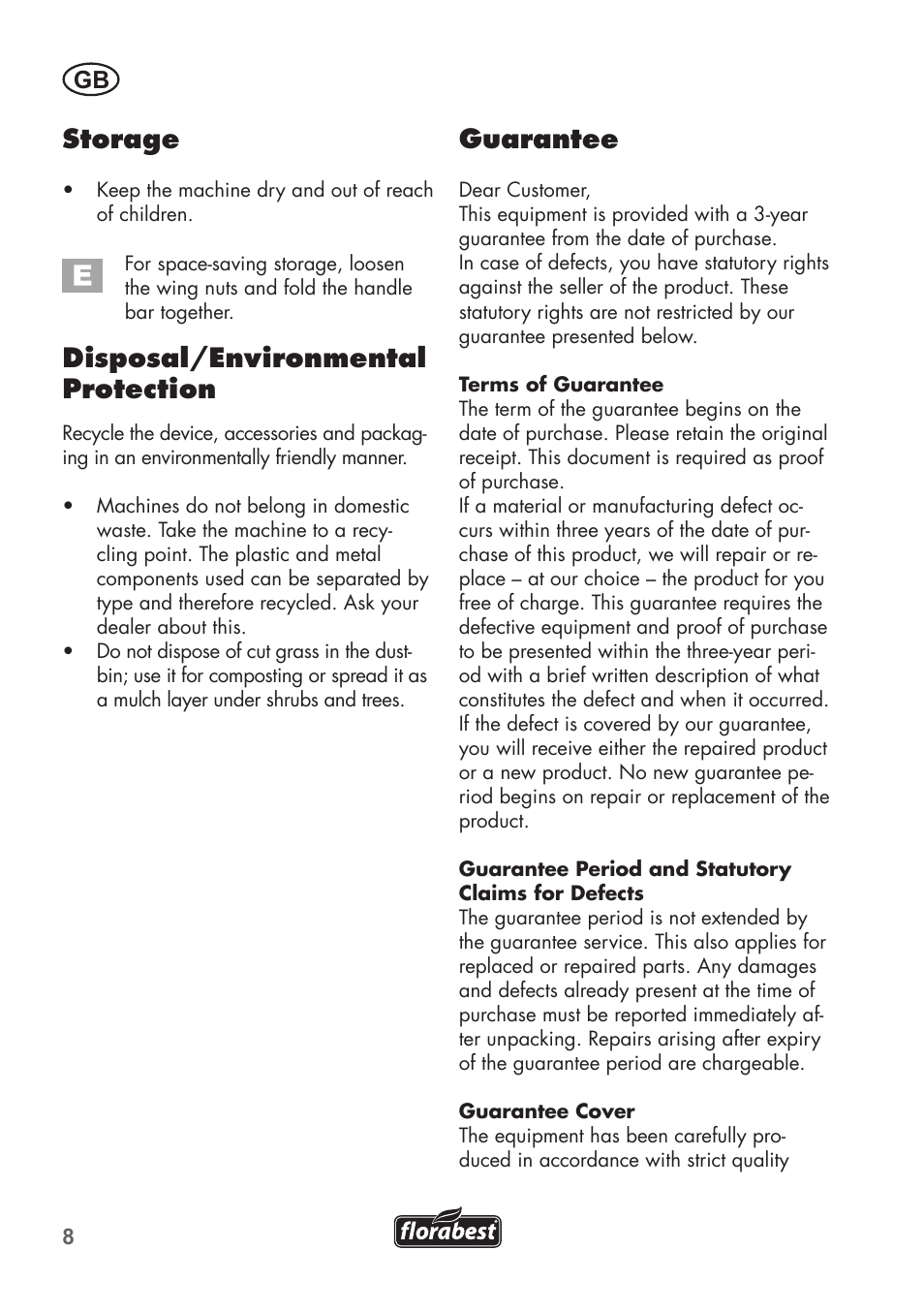 Storage, Disposal/environmental protection, Guarantee | Florabest FHM 38 A1 User Manual | Page 8 / 58
