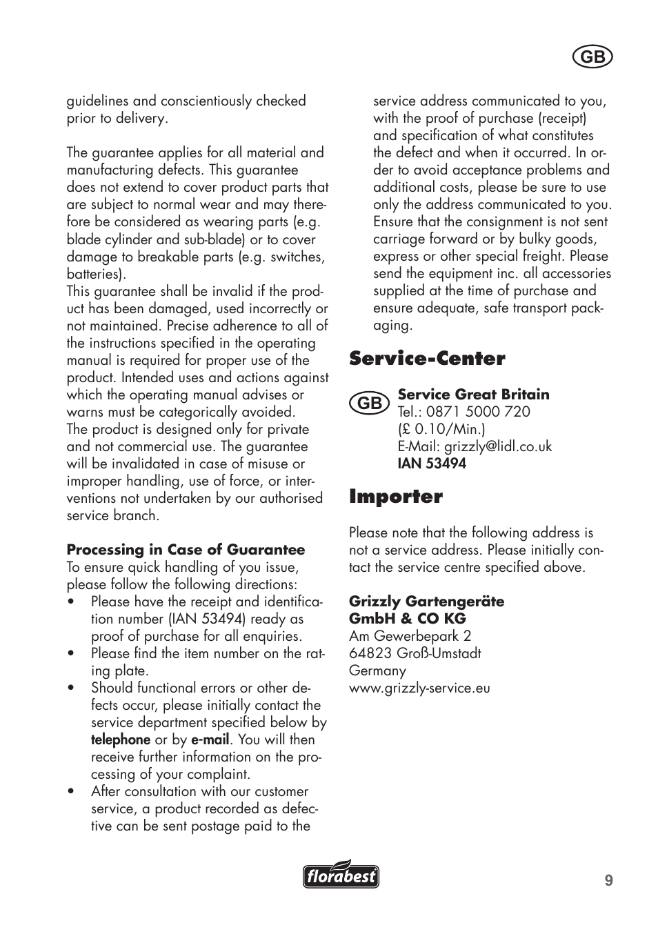 Service-center, Importer | Florabest FHM 38 A1 User Manual | Page 9 / 58