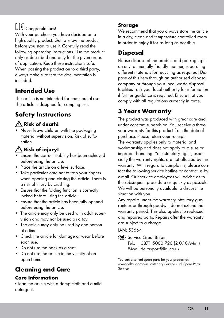 Intended use, Safety instructions, Cleaning and care | Disposal, 3 years warranty | Florabest DL-1721 User Manual | Page 11 / 12