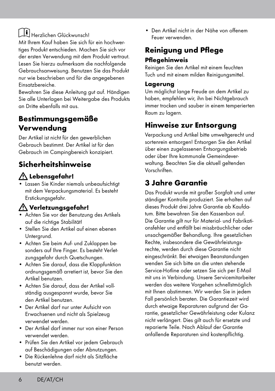 Bestimmungsgemäße verwendung, Sicherheitshinweise, Reinigung und pflege | Hinweise zur entsorgung, 3 jahre garantie | Florabest DL-1721 User Manual | Page 6 / 12