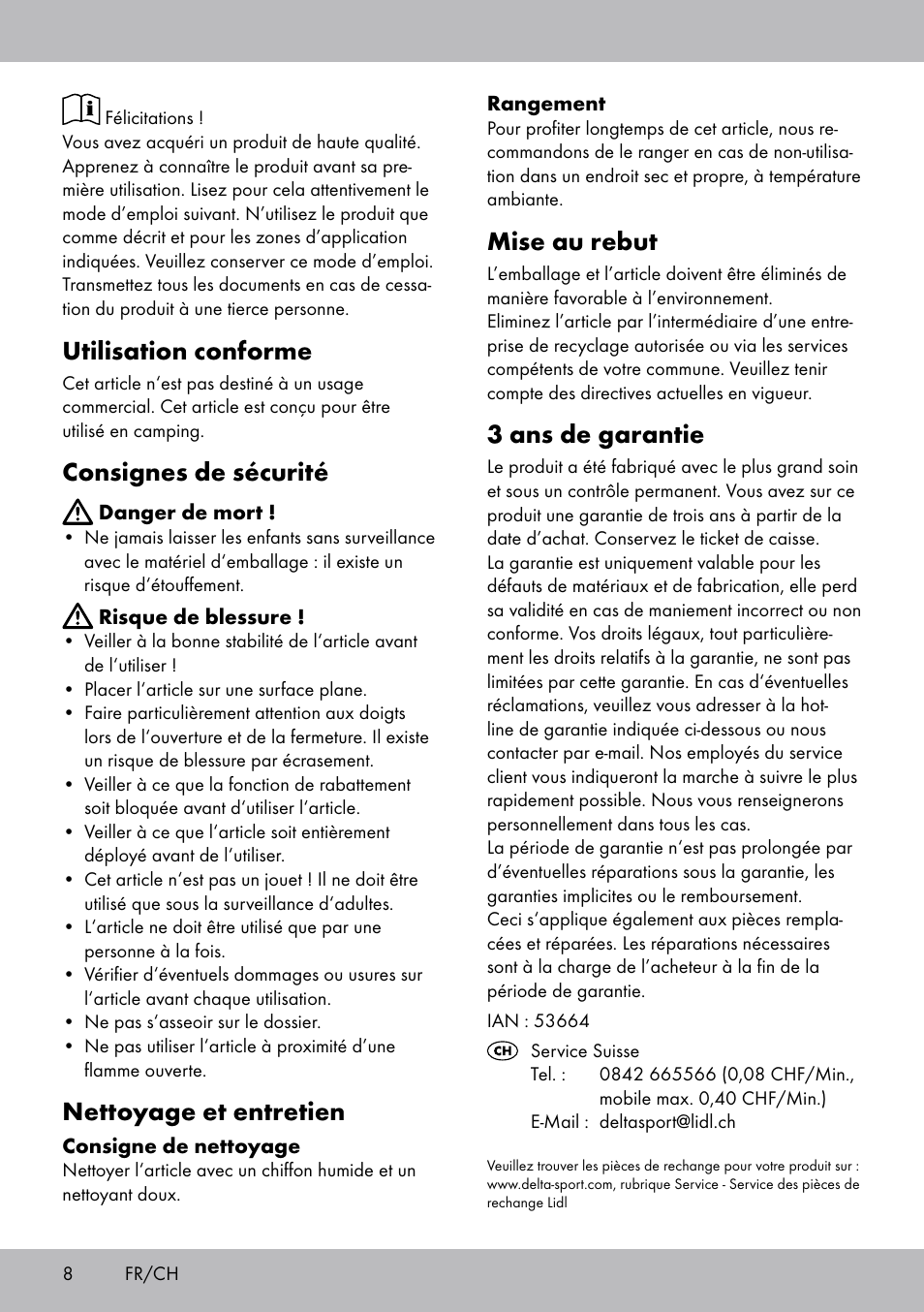 Utilisation conforme, Consignes de sécurité, Nettoyage et entretien | Mise au rebut, 3 ans de garantie | Florabest DL-1721 User Manual | Page 8 / 12