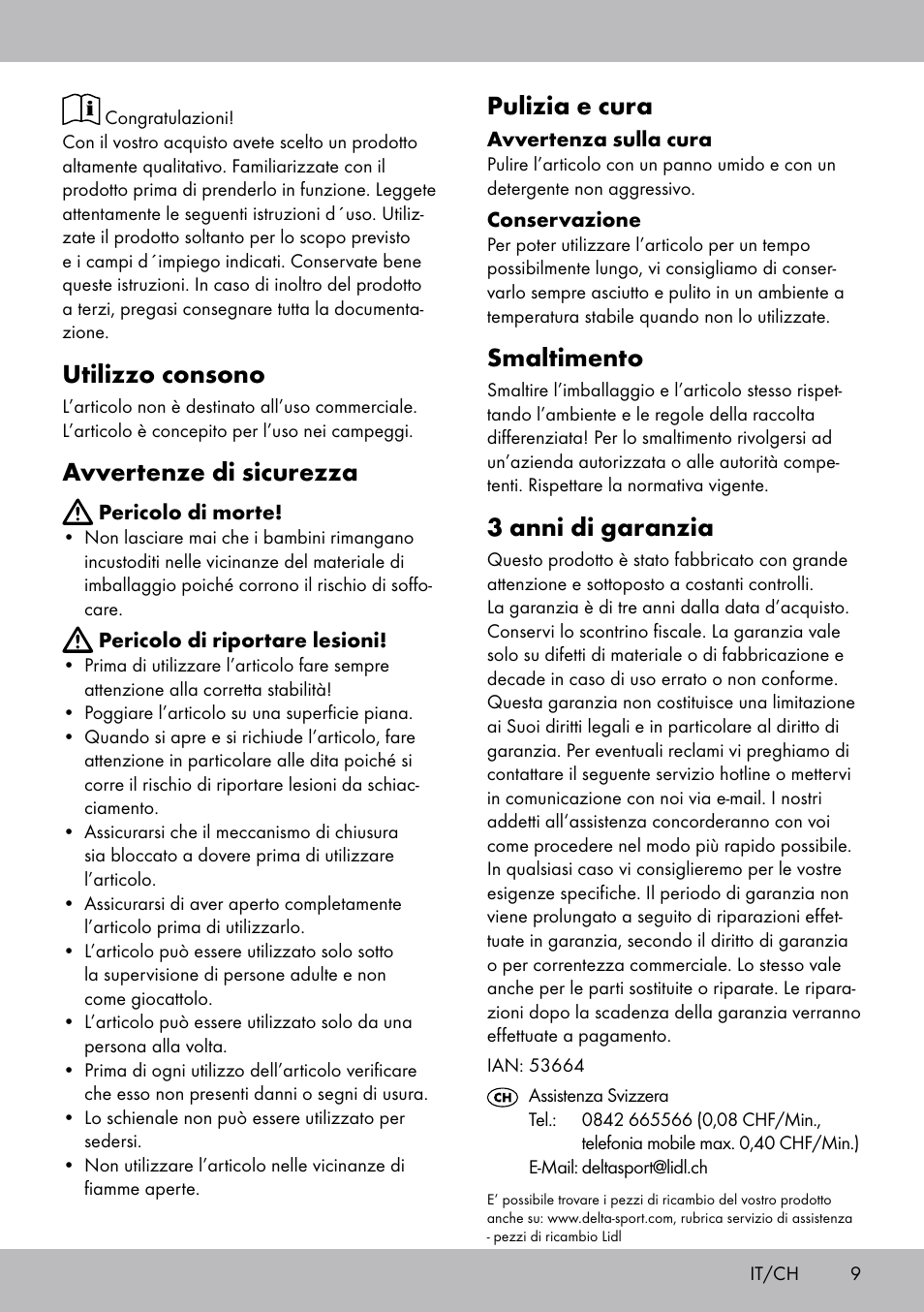 Utilizzo consono, Avvertenze di sicurezza, Pulizia e cura | Smaltimento, 3 anni di garanzia | Florabest DL-1721 User Manual | Page 9 / 12