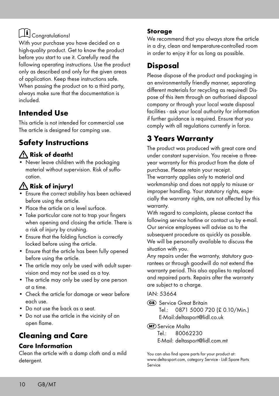 Intended use, Safety instructions, Cleaning and care | Disposal, 3 years warranty | Florabest DL-1721 User Manual | Page 10 / 16