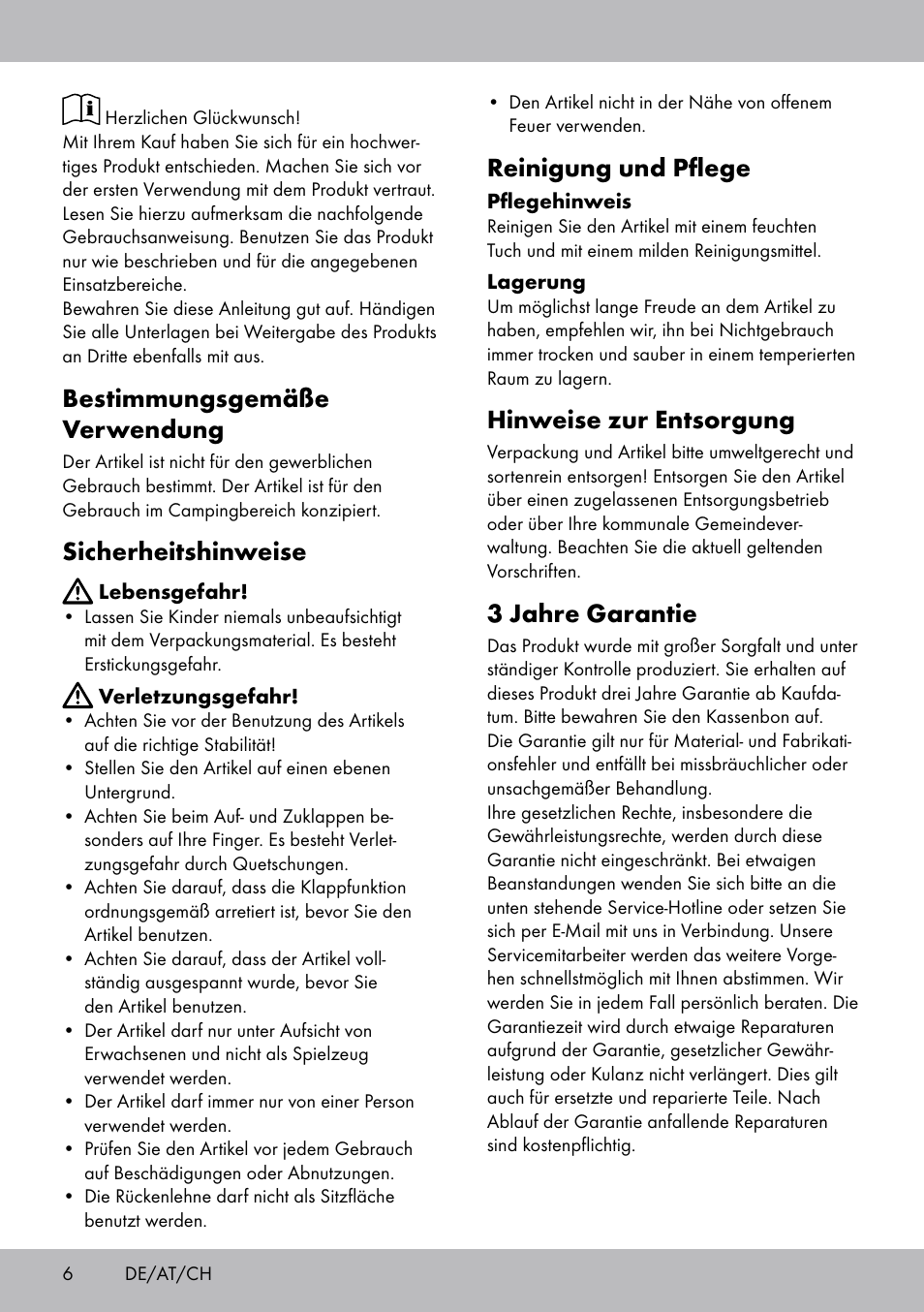 Bestimmungsgemäße verwendung, Sicherheitshinweise, Reinigung und pflege | Hinweise zur entsorgung, 3 jahre garantie | Florabest DL-1720 User Manual | Page 6 / 12