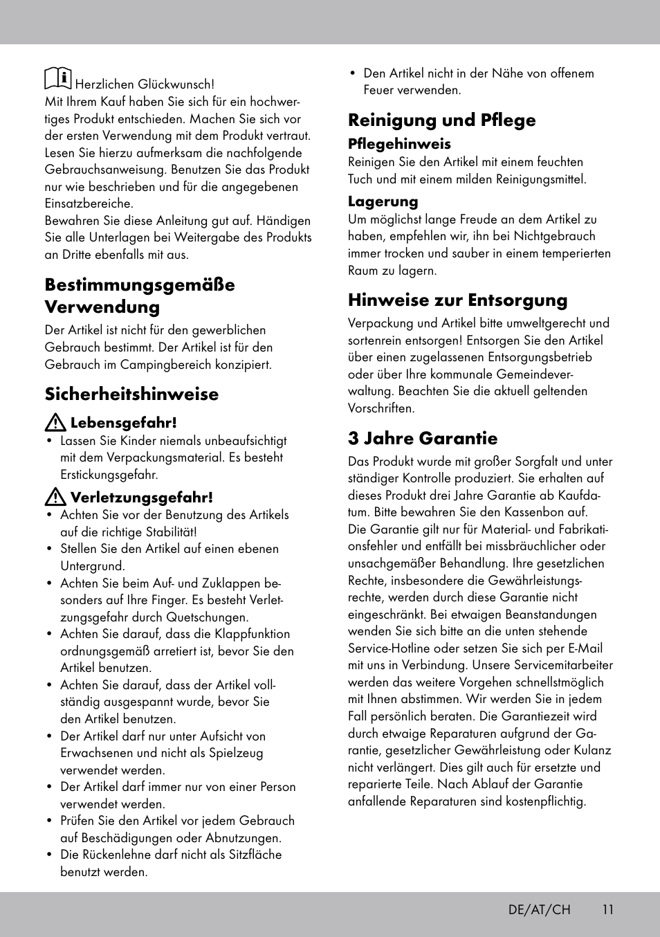 Bestimmungsgemäße verwendung, Sicherheitshinweise, Reinigung und pflege | Hinweise zur entsorgung, 3 jahre garantie | Florabest DL-1720 User Manual | Page 11 / 16