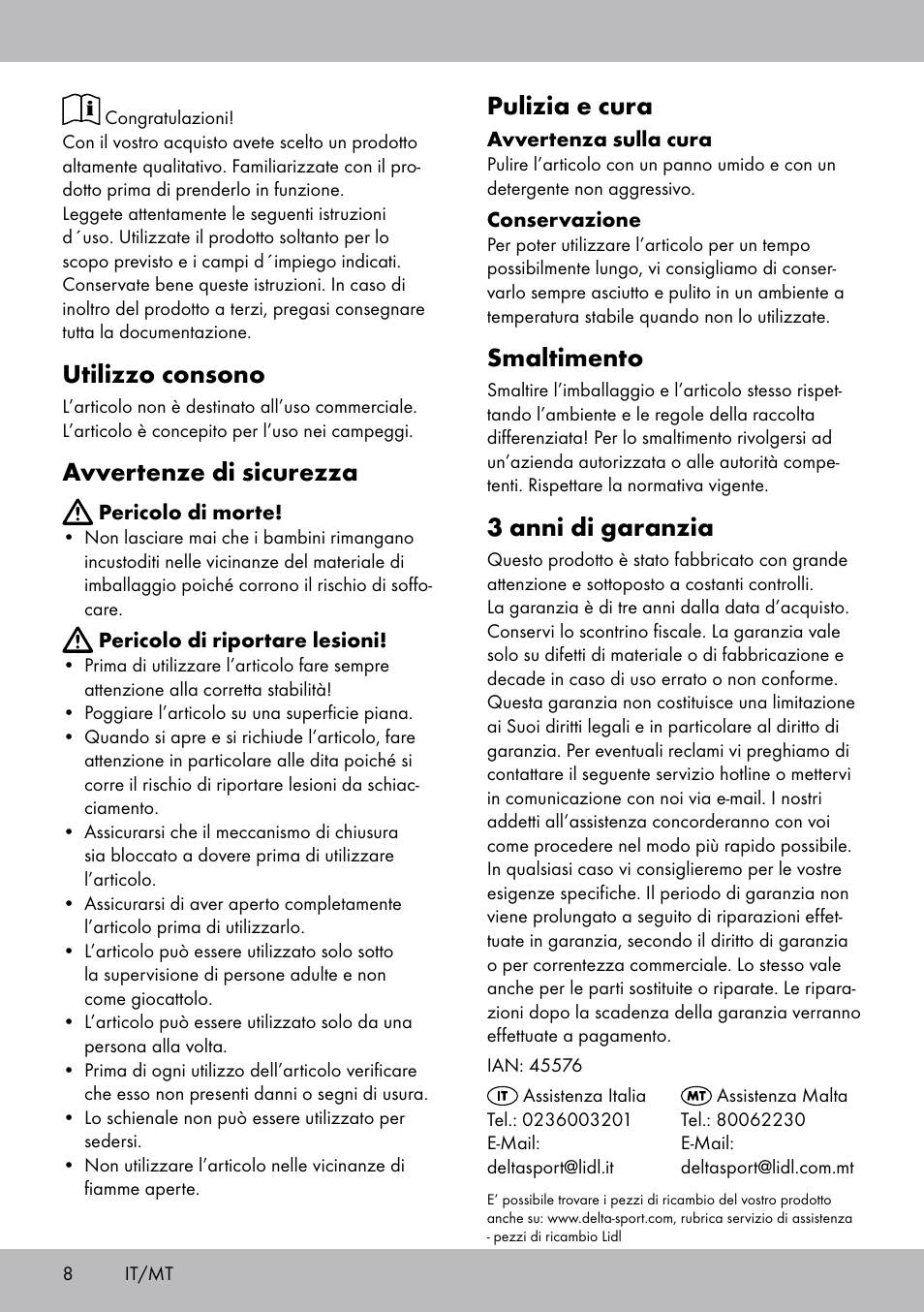 Utilizzo consono, Avvertenze di sicurezza, Pulizia e cura | Smaltimento, 3 anni di garanzia | Florabest DL-1720 User Manual | Page 8 / 16