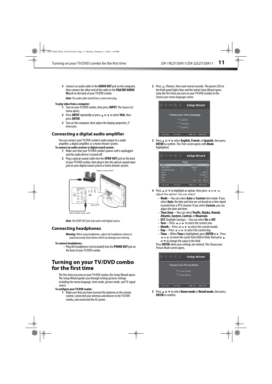 Connecting a digital audio amplifier, Connecting headphones, Turning on your tv/dvd combo for the first time | Dynex DX-22LD150A11 User Manual | Page 14 / 40