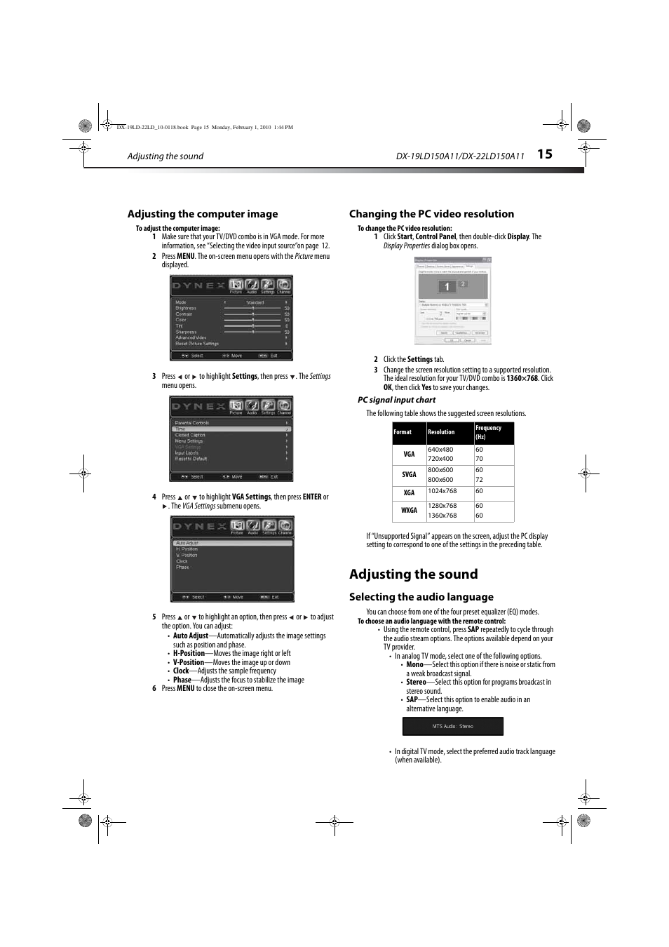 Adjusting the computer image, Changing the pc video resolution, Pc signal input chart | Adjusting the sound, Selecting the audio language | Dynex DX-22LD150A11 User Manual | Page 18 / 40