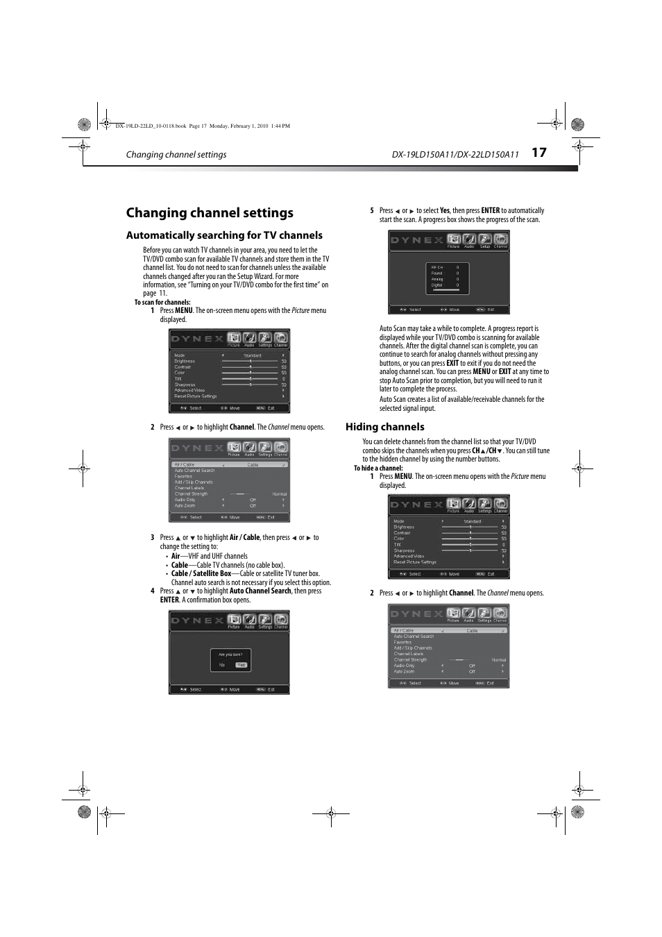 Changing channel settings, Automatically searching for tv channels, Hiding channels | Dynex DX-22LD150A11 User Manual | Page 20 / 40