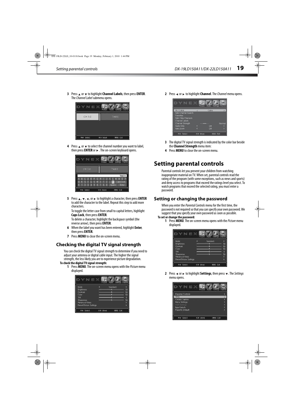 Checking the digital tv signal strength, Setting parental controls, Setting or changing the password | Dynex DX-22LD150A11 User Manual | Page 22 / 40