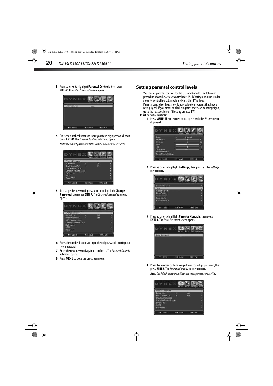 Setting parental control levels | Dynex DX-22LD150A11 User Manual | Page 23 / 40