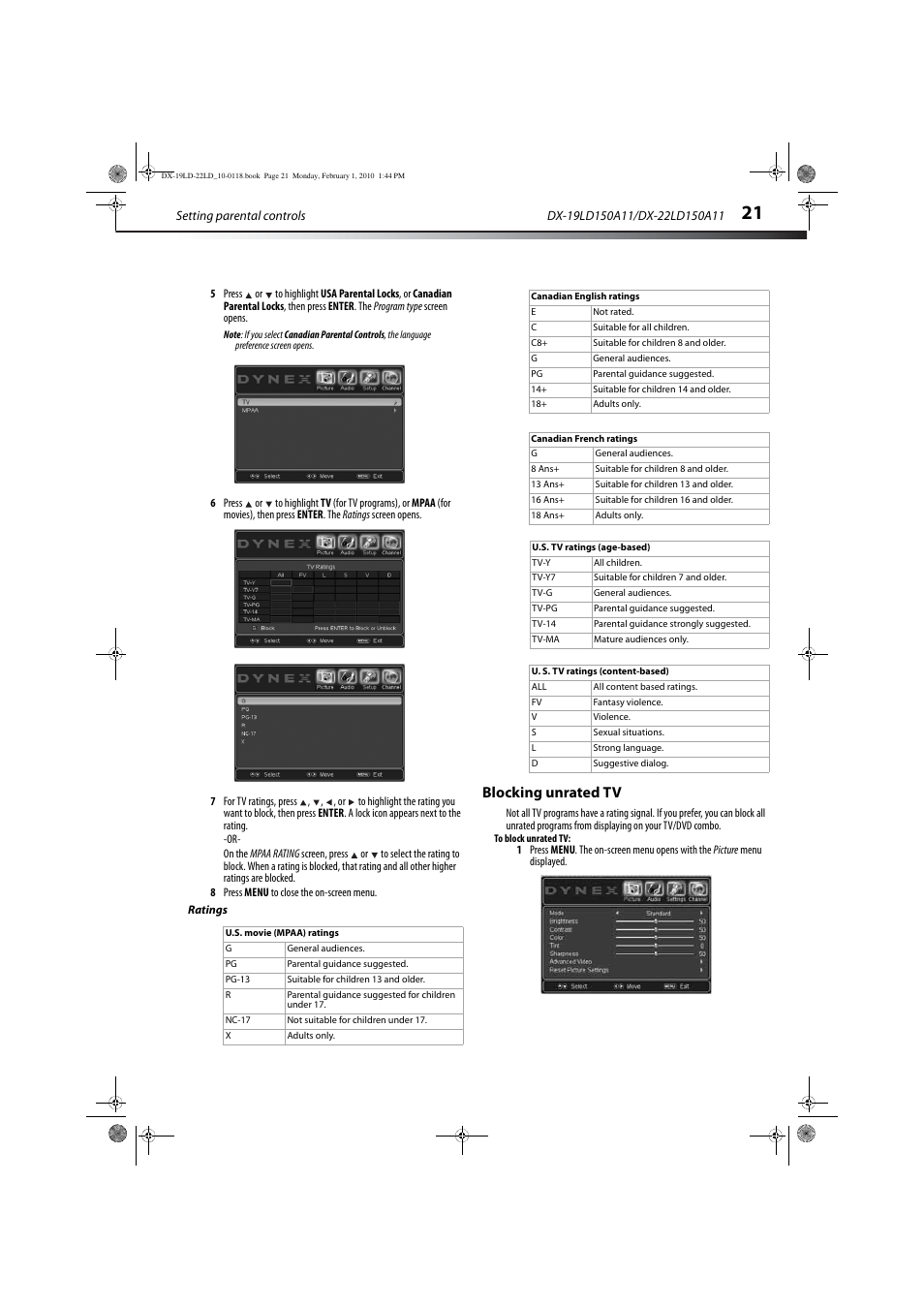 Ratings, Blocking unrated tv | Dynex DX-22LD150A11 User Manual | Page 24 / 40