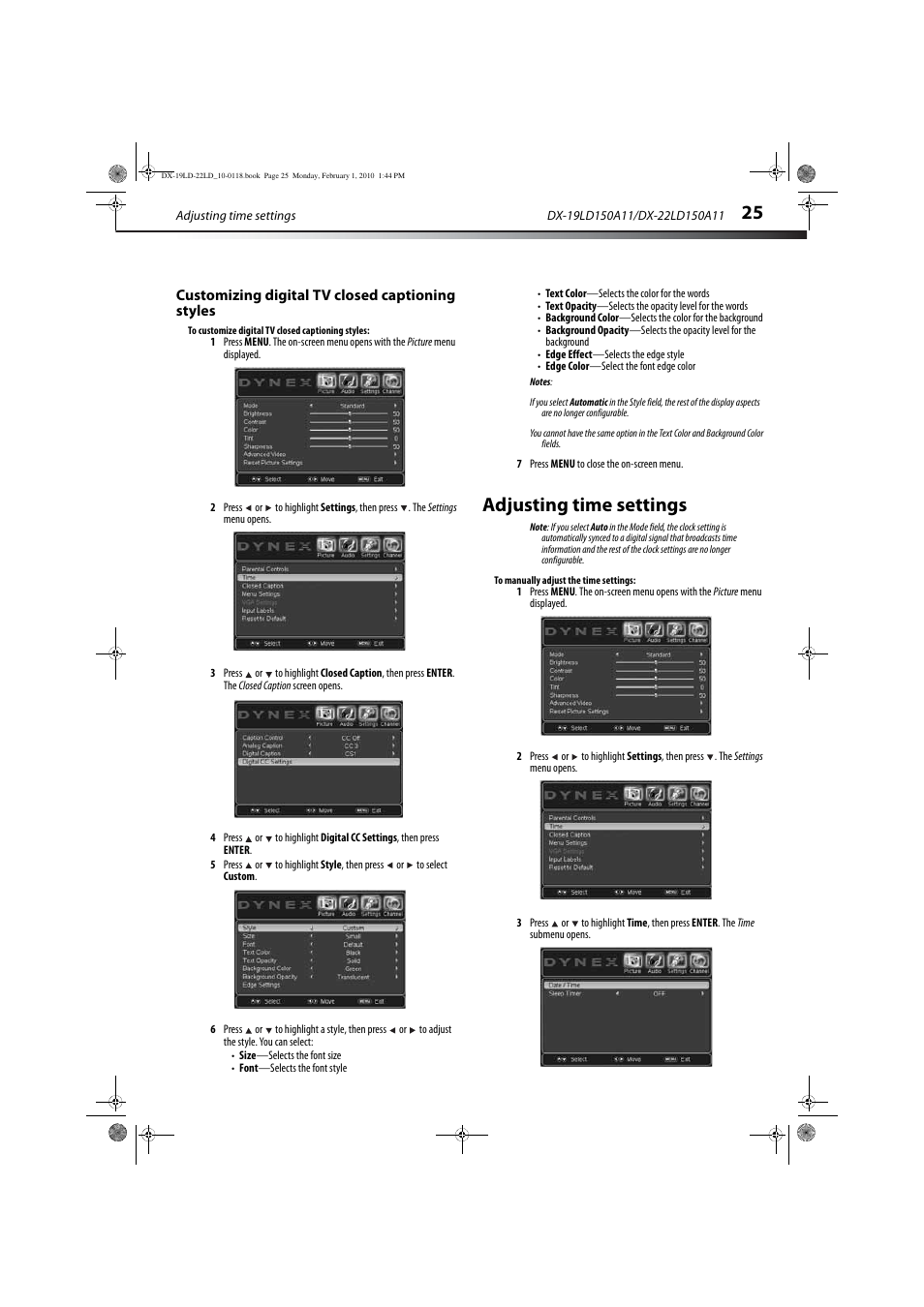 Customizing digital tv closed captioning styles, Adjusting time settings | Dynex DX-22LD150A11 User Manual | Page 28 / 40