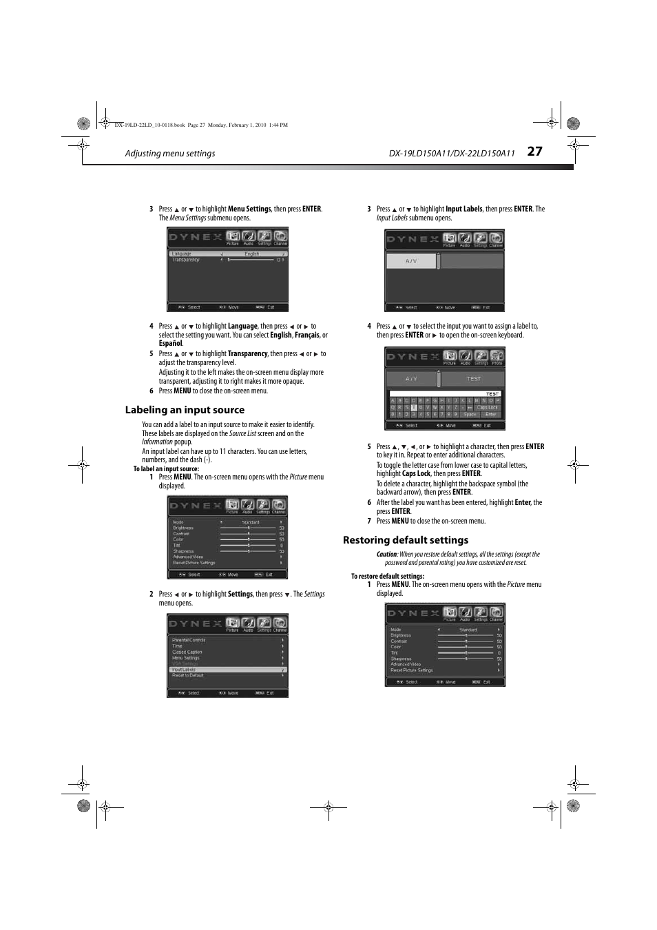 Labeling an input source, Restoring default settings | Dynex DX-22LD150A11 User Manual | Page 30 / 40