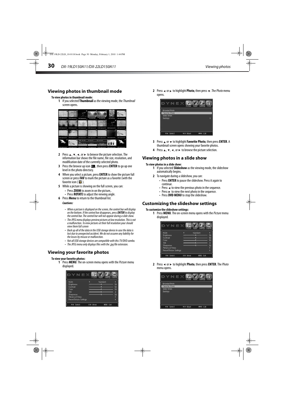 Viewing photos in thumbnail mode, Viewing your favorite photos, Viewing photos in a slide show | Customizing the slideshow settings | Dynex DX-22LD150A11 User Manual | Page 33 / 40
