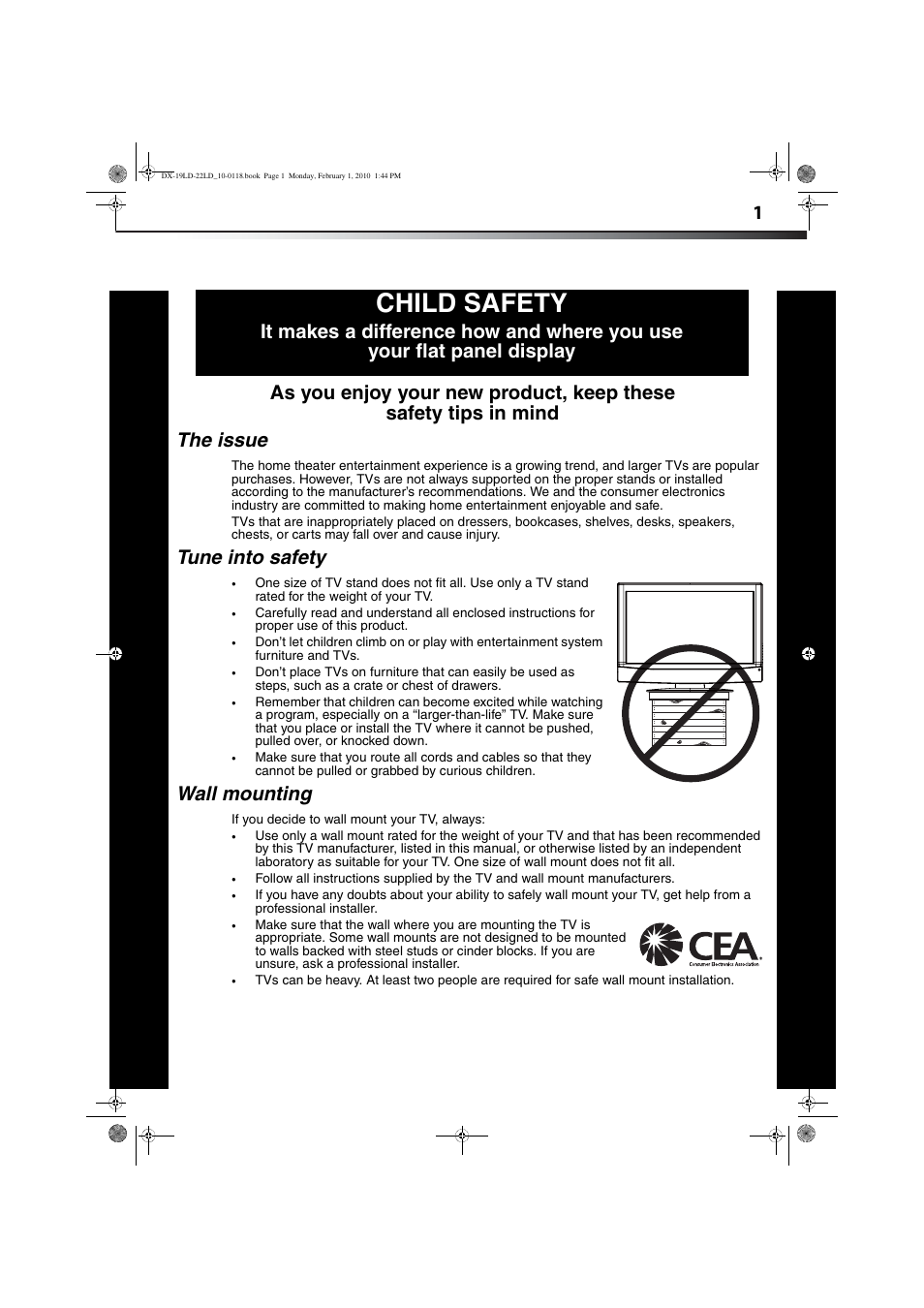 Child safety, Tune into safety, Wall mounting | Dynex DX-22LD150A11 User Manual | Page 4 / 40