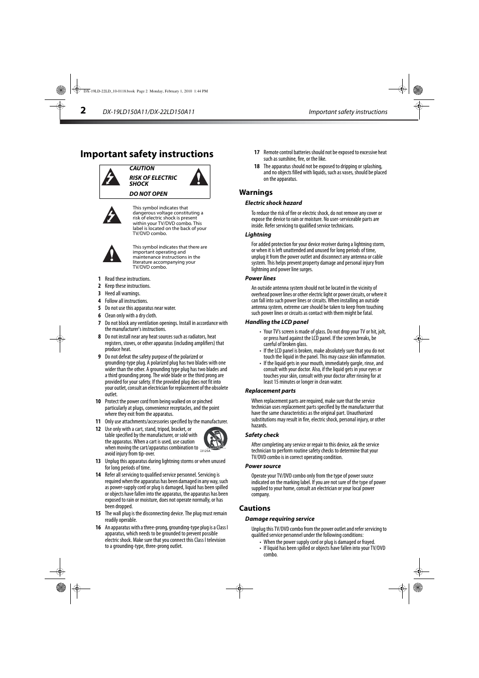 Important safety instructions, Caution, Risk of electric shock | Do not open, Warnings, Electric shock hazard, Lightning, Power lines, Handling the lcd panel, Replacement parts | Dynex DX-22LD150A11 User Manual | Page 5 / 40