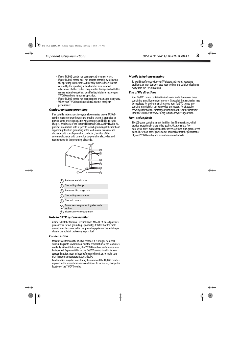 Outdoor antenna grounding, Note to catv system installer, Condensation | Mobile telephone warning, End of life directives, Non-active pixels | Dynex DX-22LD150A11 User Manual | Page 6 / 40