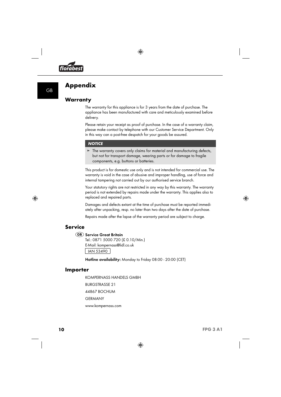 Appendix, Warranty, Service | Importer | Florabest FPG 3 A1 User Manual | Page 13 / 64