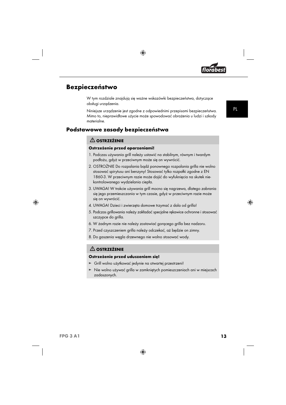 Bezpieczeństwo, Podstawowe zasady bezpieczeństwa | Florabest FPG 3 A1 User Manual | Page 16 / 64