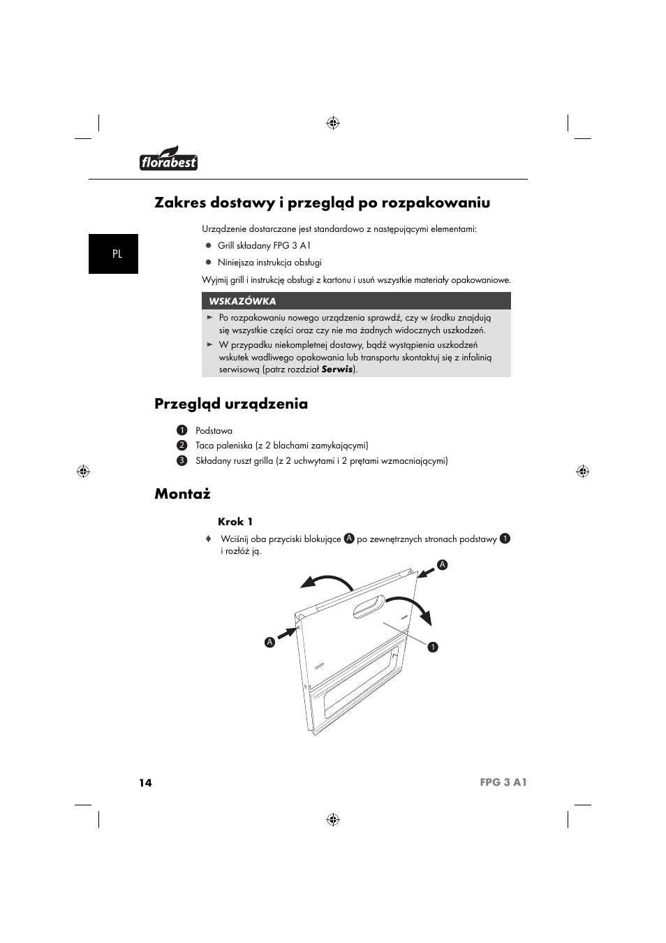 Zakres dostawy i przegląd po rozpakowaniu, Przegląd urządzenia, Montaż | Florabest FPG 3 A1 User Manual | Page 17 / 64