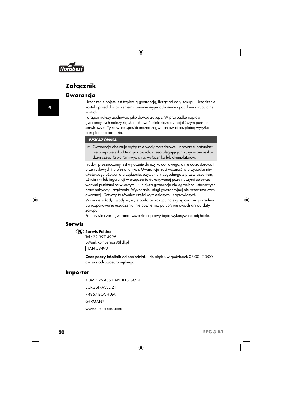 Załącznik, Gwarancja, Serwis | Importer | Florabest FPG 3 A1 User Manual | Page 23 / 64