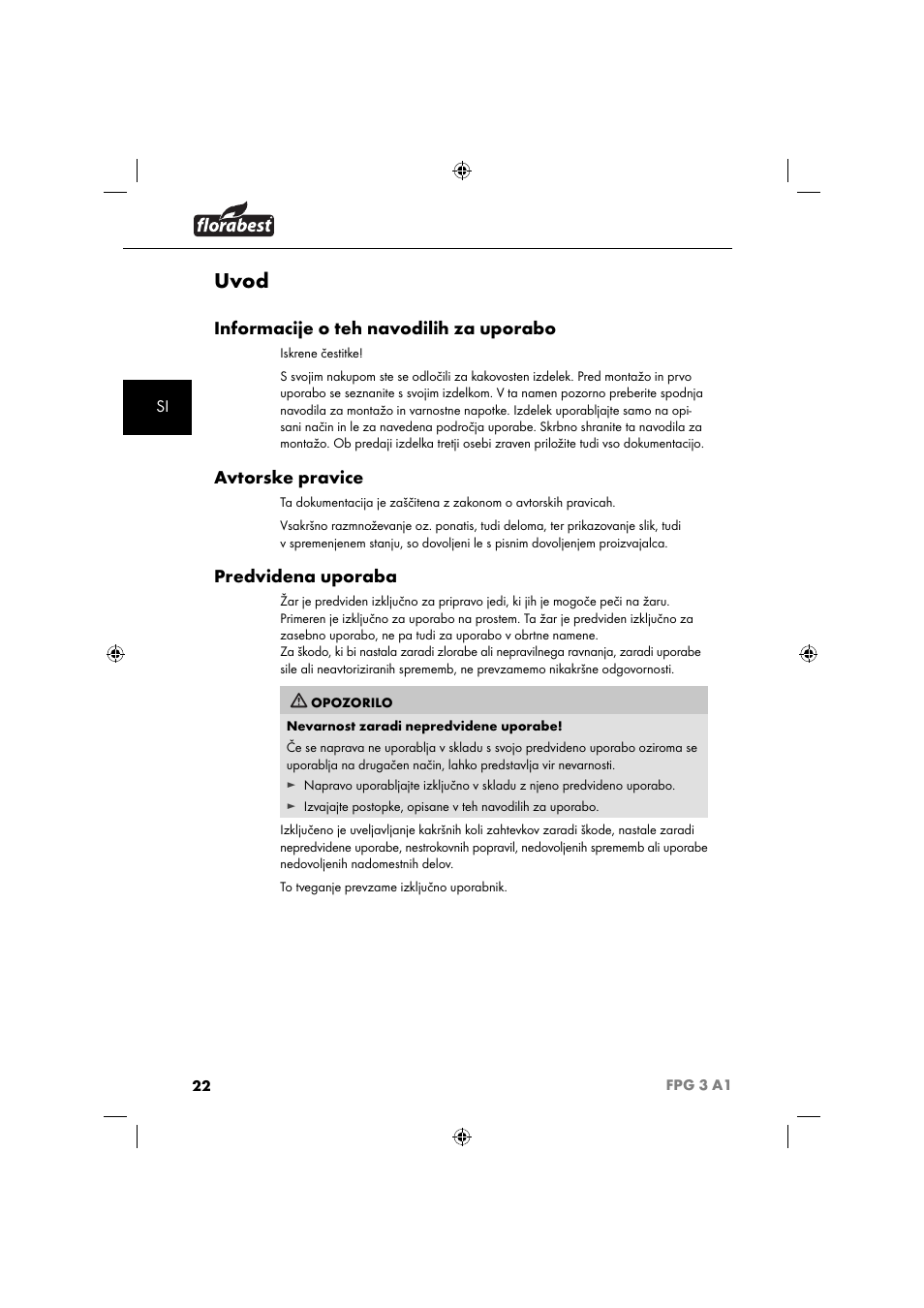 Uvod, Informacije o teh navodilih za uporabo, Avtorske pravice | Predvidena uporaba | Florabest FPG 3 A1 User Manual | Page 25 / 64