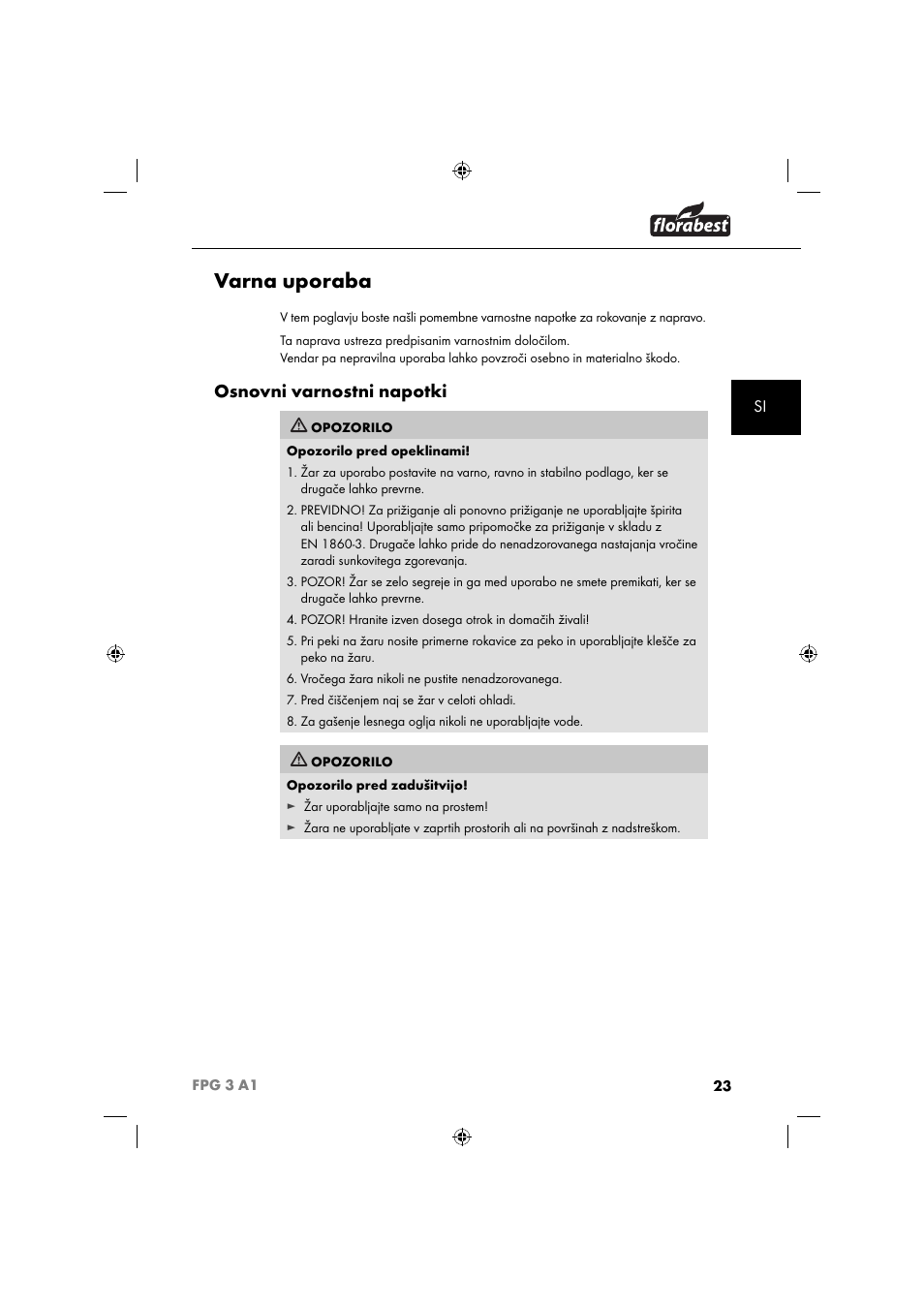 Varna uporaba, Osnovni varnostni napotki | Florabest FPG 3 A1 User Manual | Page 26 / 64