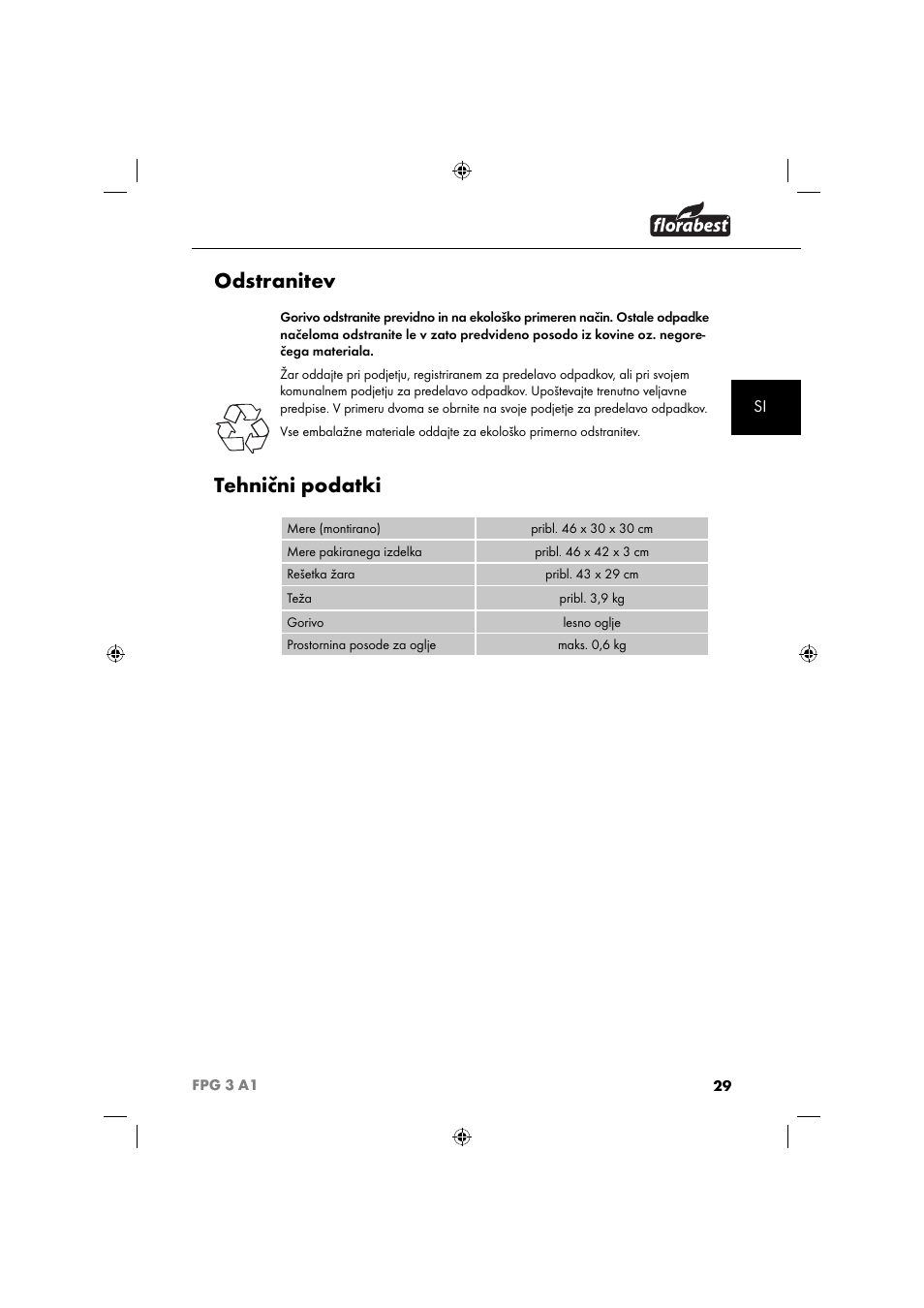 Odstranitev, Tehnični podatki | Florabest FPG 3 A1 User Manual | Page 32 / 64