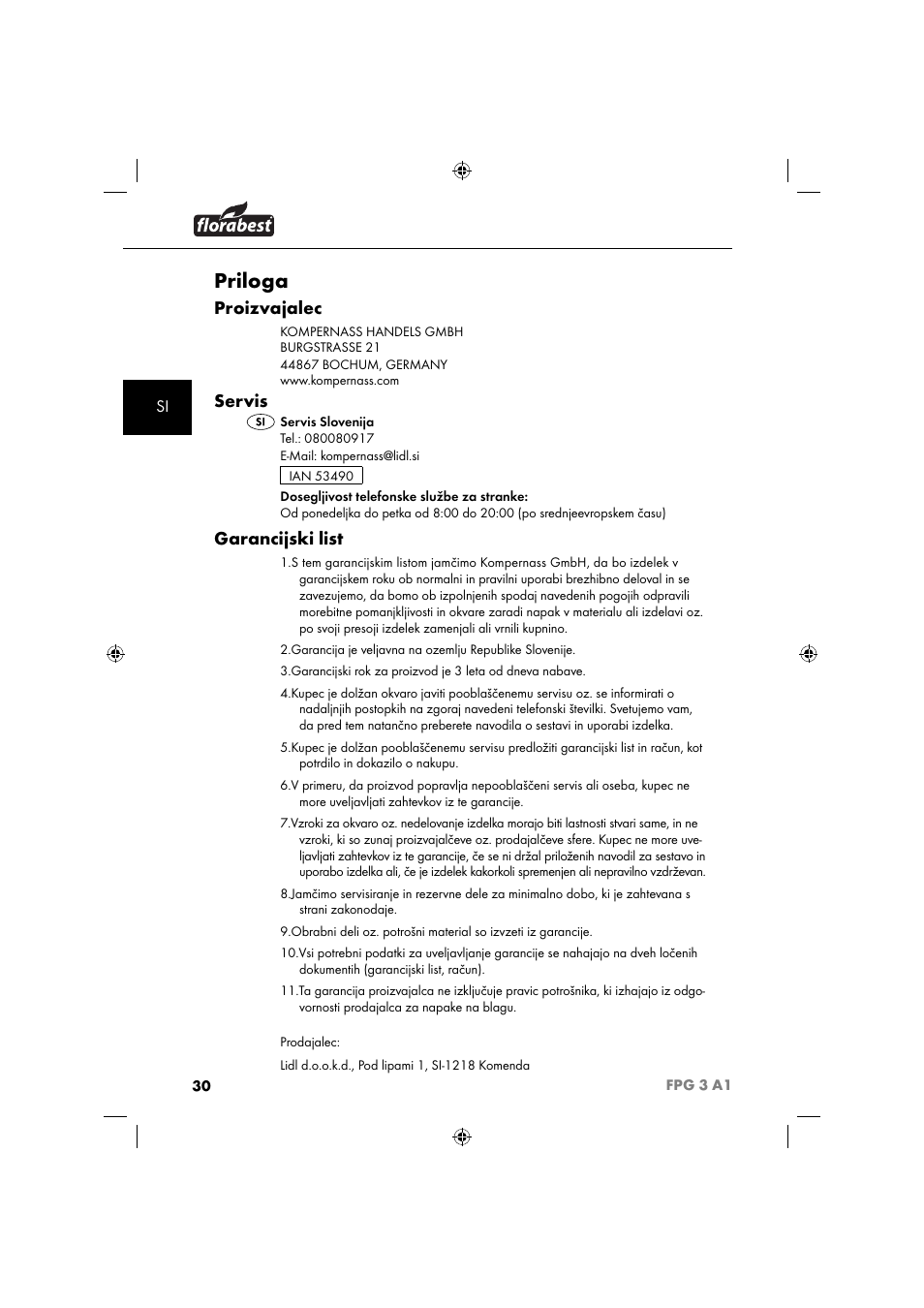 Priloga, Proizvajalec, Servis | Garancijski list | Florabest FPG 3 A1 User Manual | Page 33 / 64