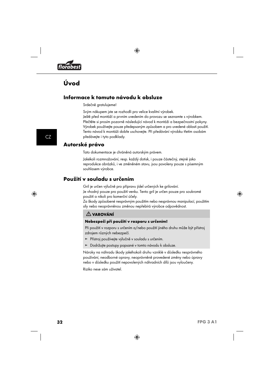 Úvod, Informace k tomuto návodu k obsluze, Autorské právo | Použití v souladu s určením | Florabest FPG 3 A1 User Manual | Page 35 / 64
