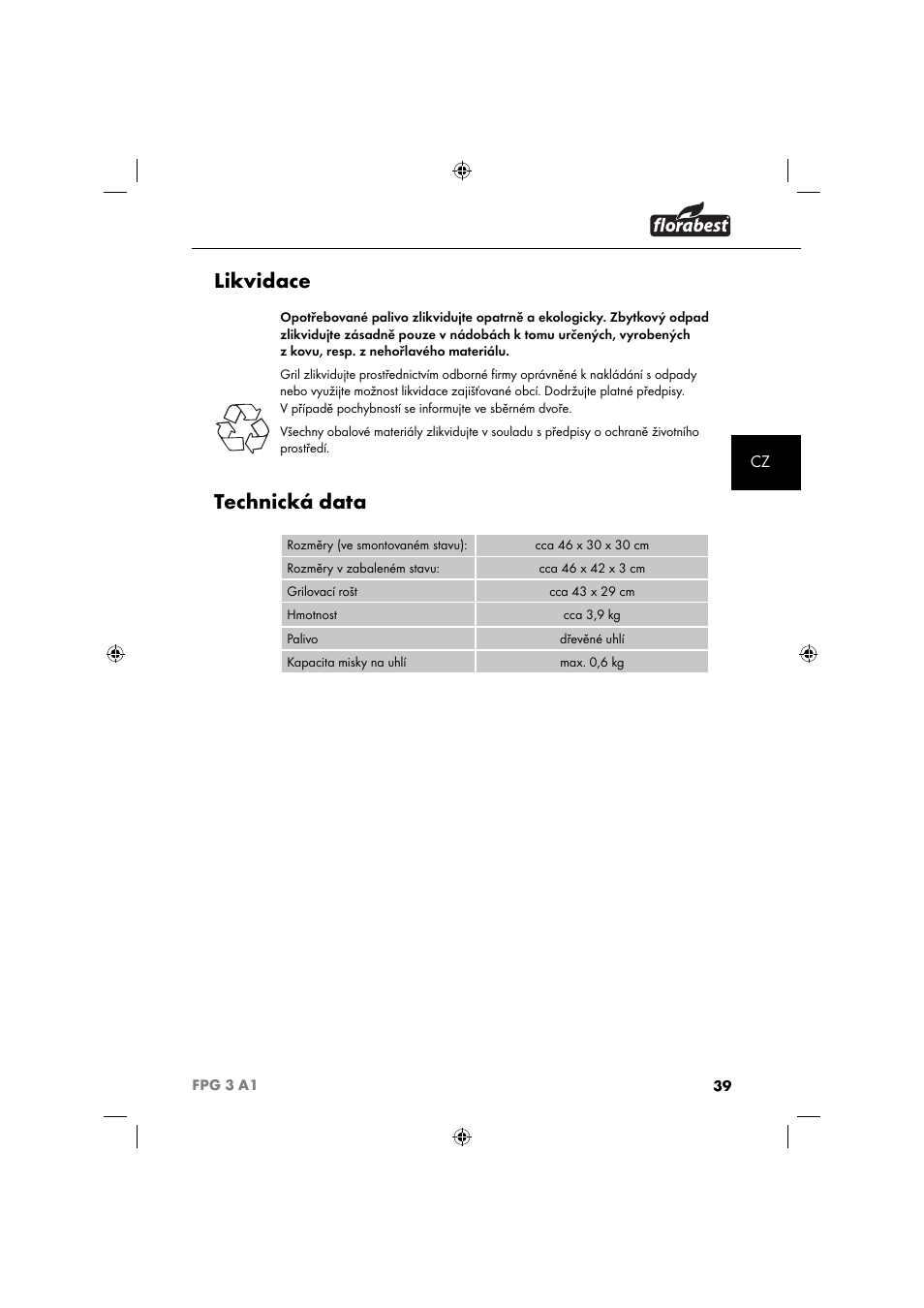 Likvidace, Technická data | Florabest FPG 3 A1 User Manual | Page 42 / 64