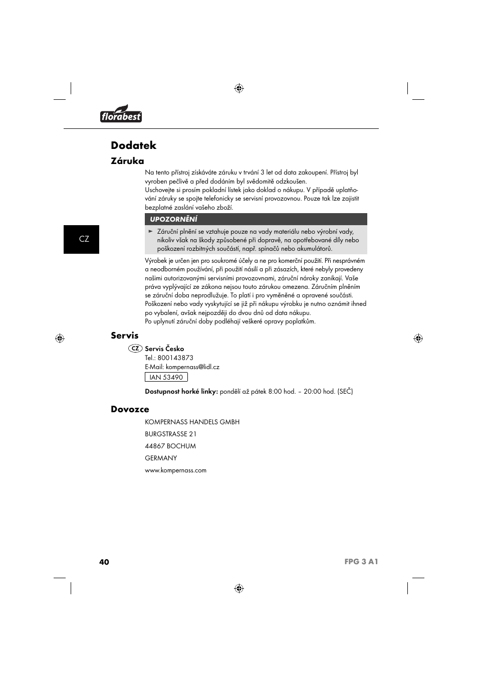 Dodatek, Záruka, Servis | Dovozce | Florabest FPG 3 A1 User Manual | Page 43 / 64