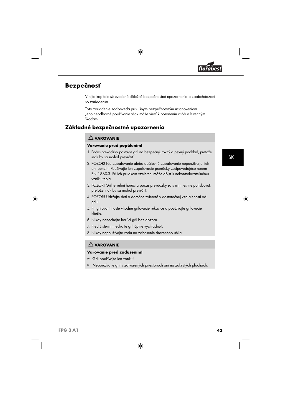 Bezpečnosť, Základné bezpečnostné upozornenia | Florabest FPG 3 A1 User Manual | Page 46 / 64