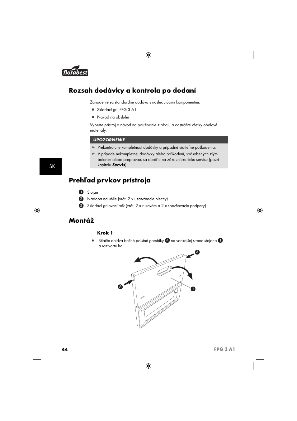 Rozsah dodávky a kontrola po dodaní, Prehľad prvkov prístroja, Montáž | Florabest FPG 3 A1 User Manual | Page 47 / 64
