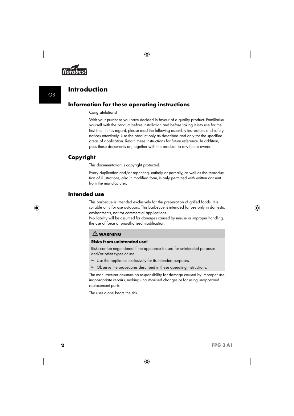 Introduction, Information for these operating instructions, Copyright | Intended use | Florabest FPG 3 A1 User Manual | Page 5 / 64