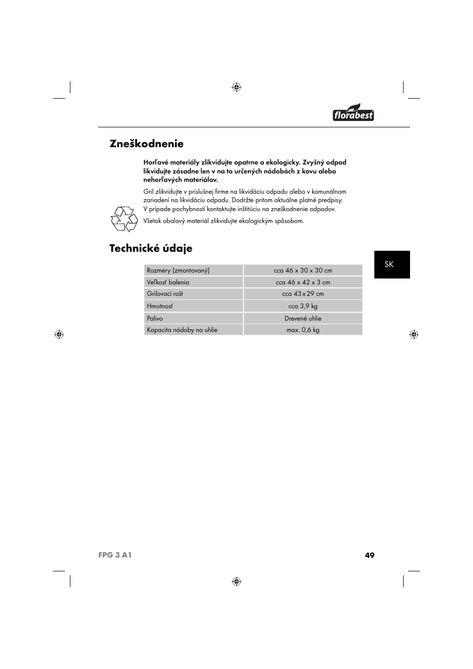 Zneškodnenie, Technické údaje | Florabest FPG 3 A1 User Manual | Page 52 / 64